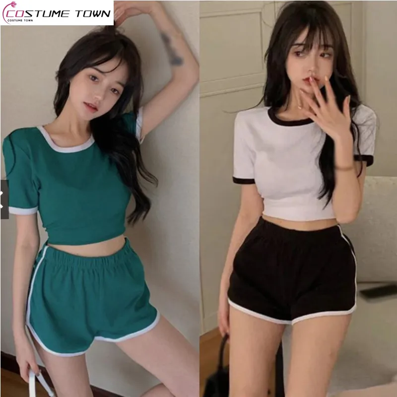 

Summer new sports style women's short cut color blocked crop exposed short sleeved T-shirt+casual shorts two-piece set