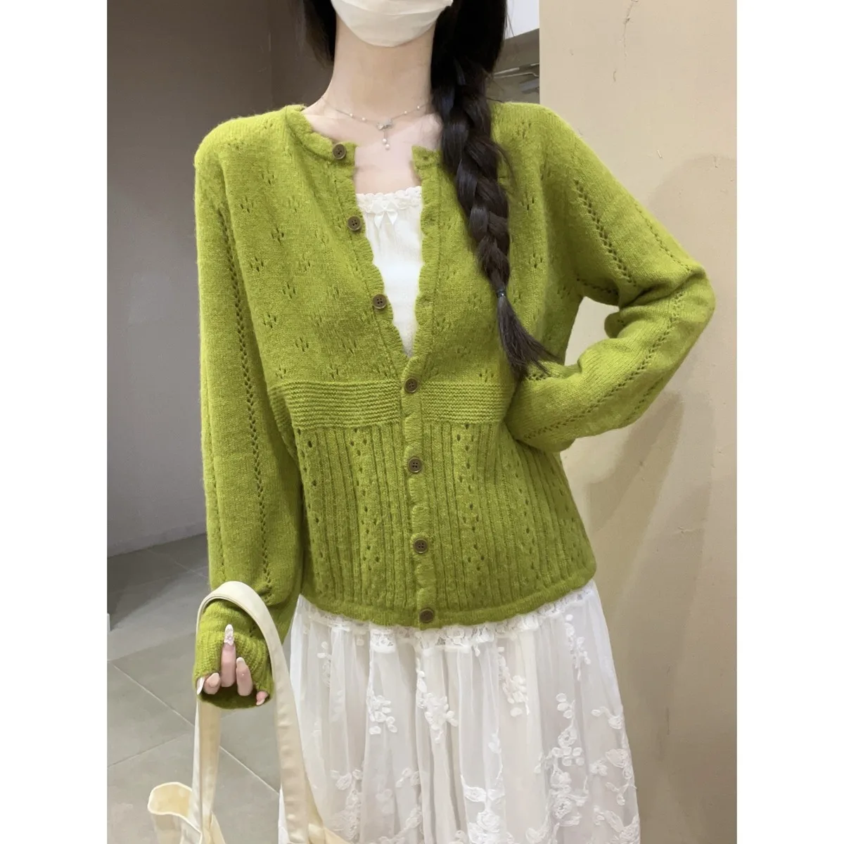 Women's Autumn Winter Knitted Sweater Chic Versatile Sweet Hollow out Lace Loose Mohair Open Cardigan round Ne Top