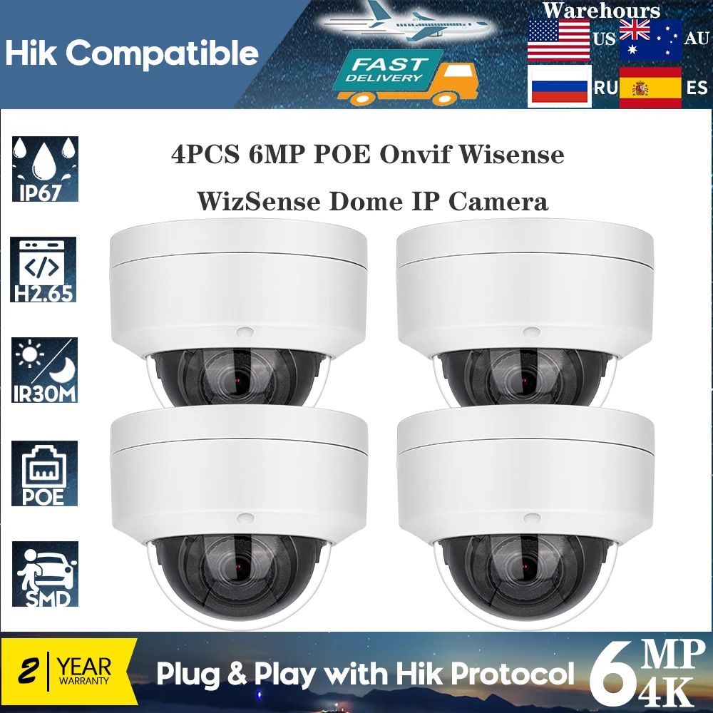 4PCS Hikvision Compatible 6MP IR Dome IP Camera Built-in Mic Human Vehicle Detection CCTV Security Surveillance IP Camera