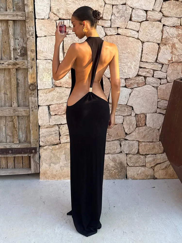 Tossy Women Halter Deep V Backless Long Dress Open Back Spaghetti Strap Elegant Party Evening Gown Summer Vacation Beach Dress