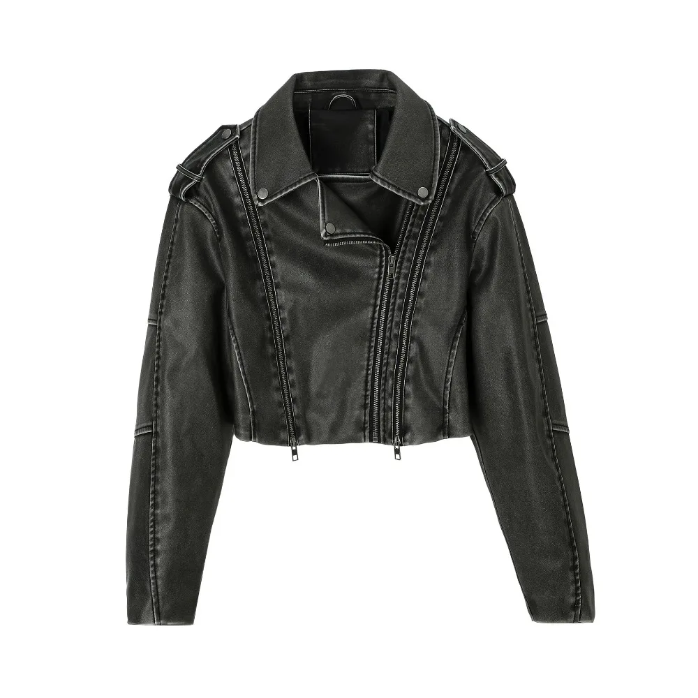 2025 Coal Graysty Le Women's Washed Leather Jacket with Belt, Short Coat with Downgraded Zipper and Vintage Lapel Jacket