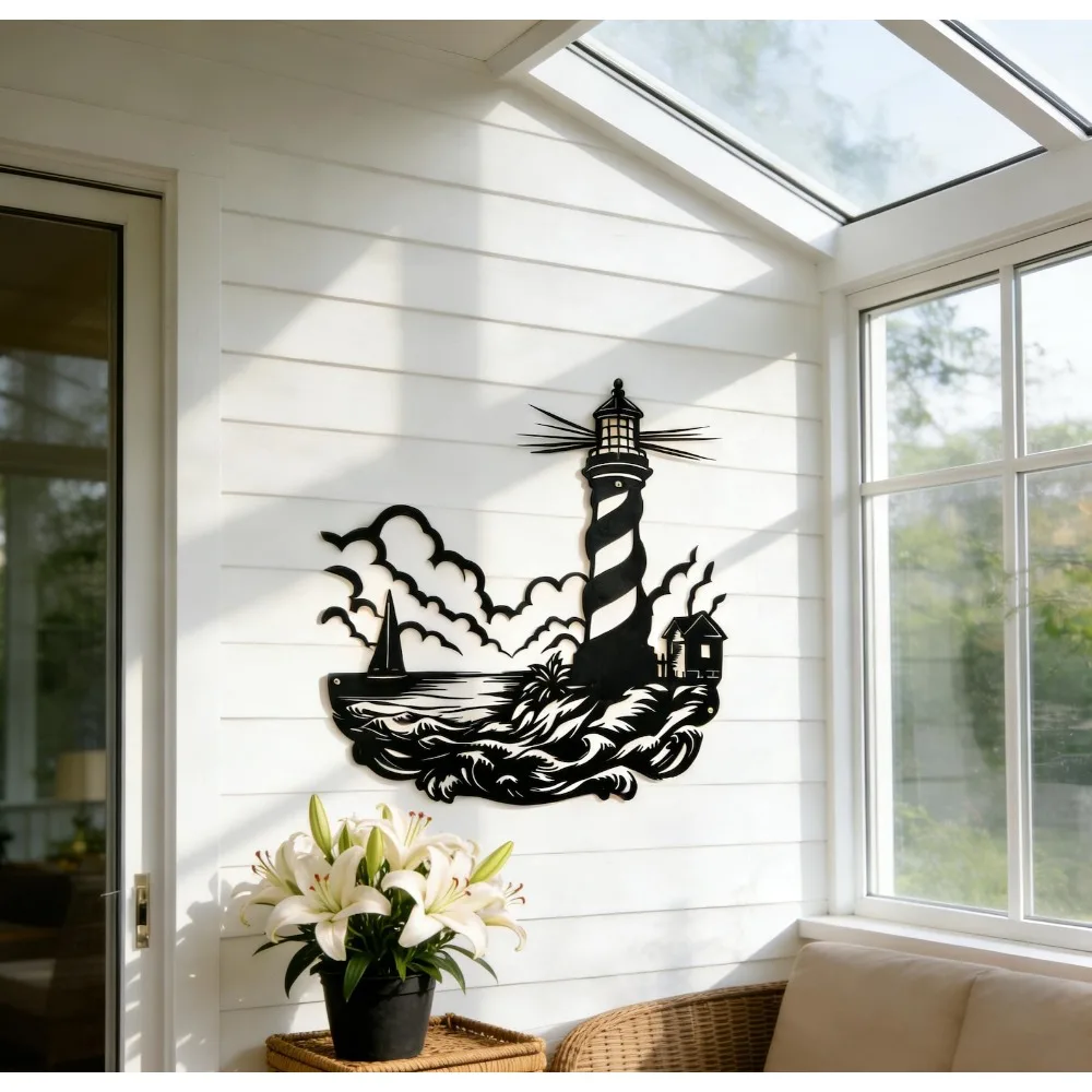 CIFbuy Metal Wall Art Lighthouse Ocean Wave Sailboat Silhouette Nautical Home Decor Gift For Ocean Lovers