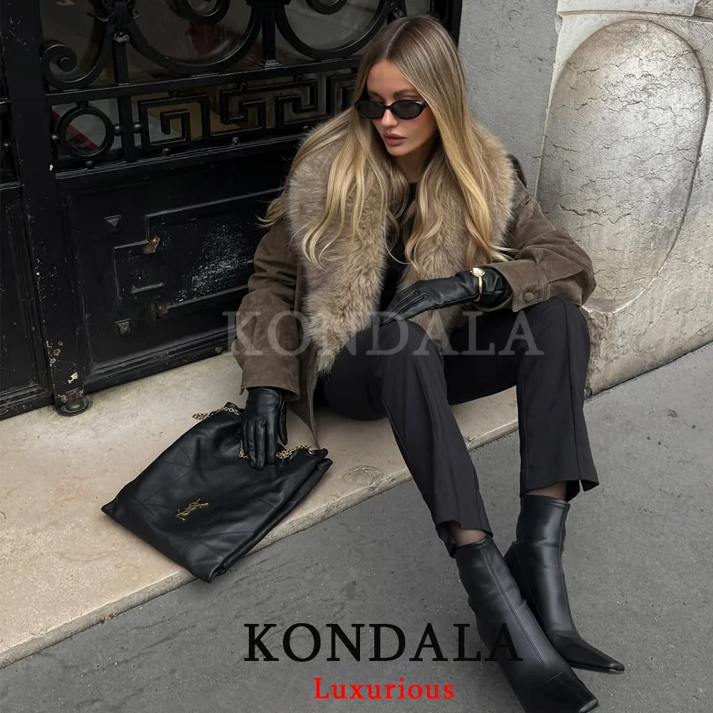 KONDALA Casual Chic Green Suede Jackets Women V Neck Fur Collar Double Buttons Coats Fashion 2026 Spring Streetwear Outwears