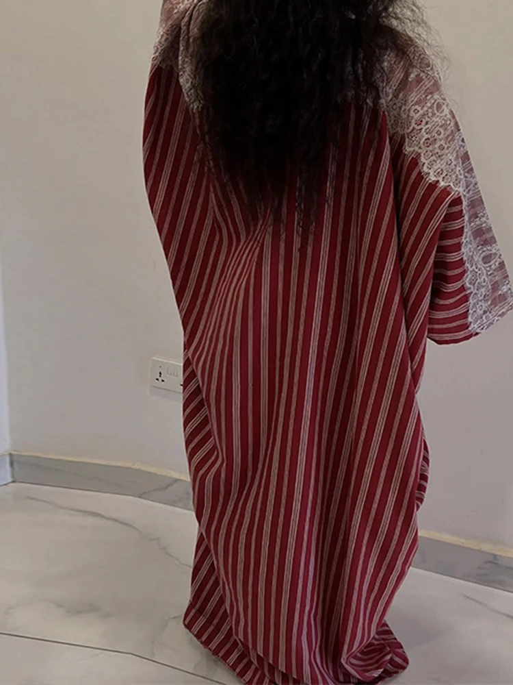 فستان نسائي أنيق بأكمام طويلة فضفاض للتنقل موضة رقبة على شكل حرف v مطوي فستان الحفلات كاجوال مخطط مطبوع دانتيل مرقع ماكسي