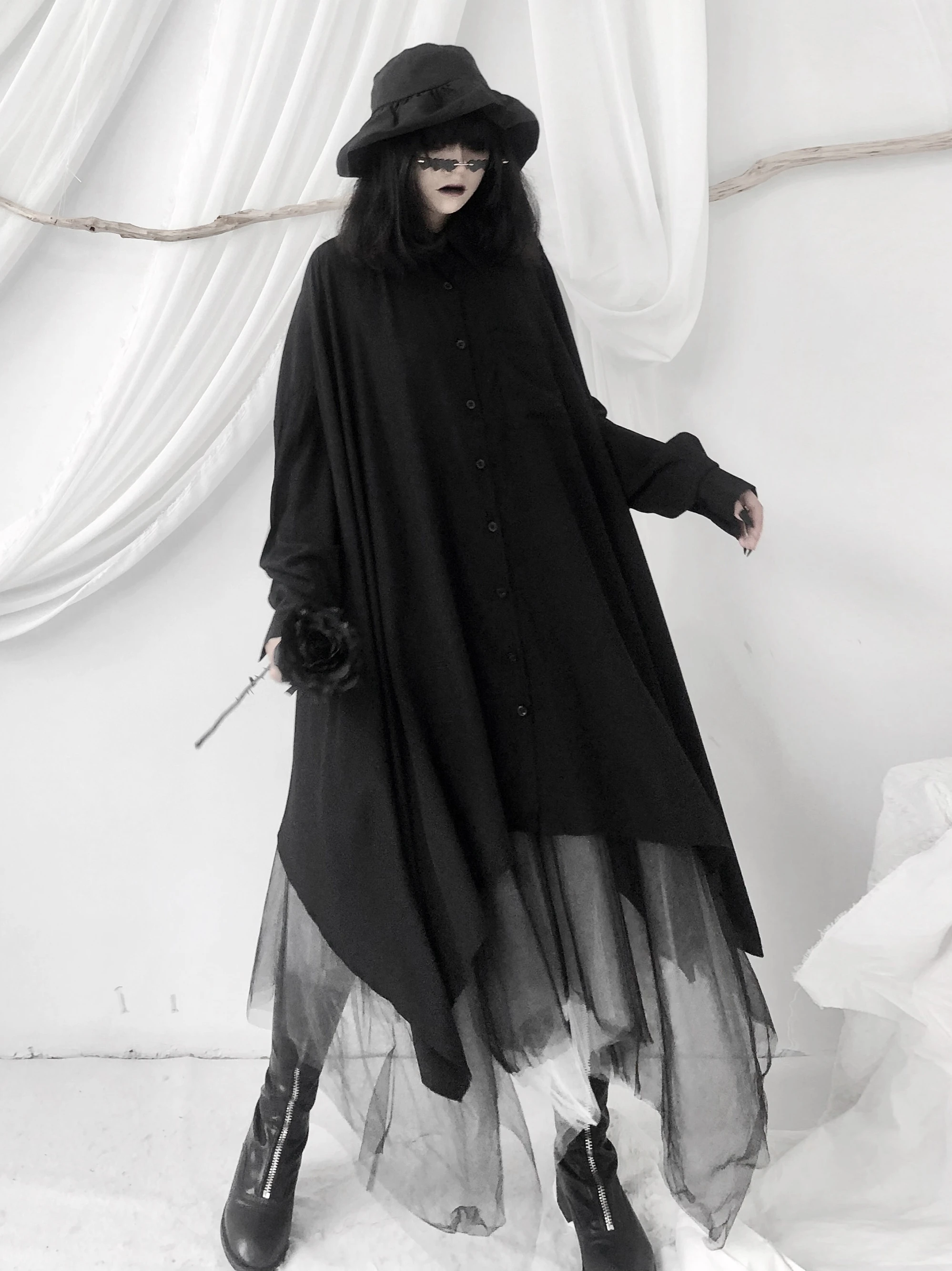 

Loose Asymmetric Long Shirt Women's Original Design Dark Style Casual Breathable Polyester Square Collar Button up Top
