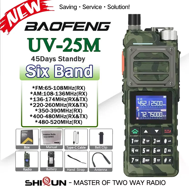 

UV-25M Baofeng Walkie Talkie UHF VHF Шестидиапазонное радио дальнего действия Type-C Зарядное устройство FM NOAA 999CH UV-25 Pro Max Тактическое двустороннее радио