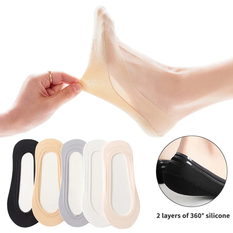 5 Pares de Calcetines Invisibles de Seda de Hielo para Mujer, Antideslizantes, de Silicona, Verano, Lisos, Bajos, Finos, Tipo Pantufla