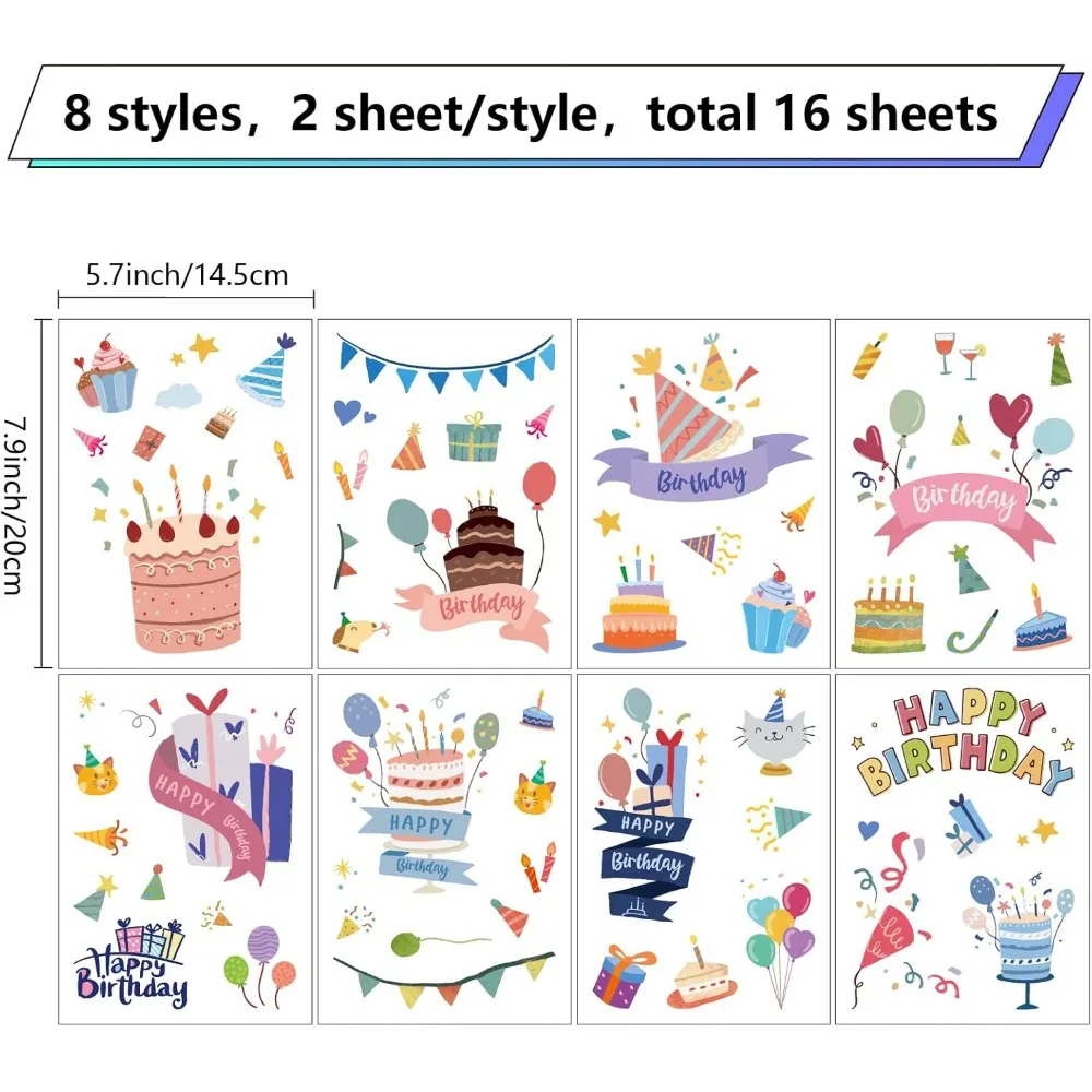 8 Sheets Birthday Cake Wall Stickers Balloon PVC Wall Decals Waterproof Self Adhesive Vinyl Window Cling Peel