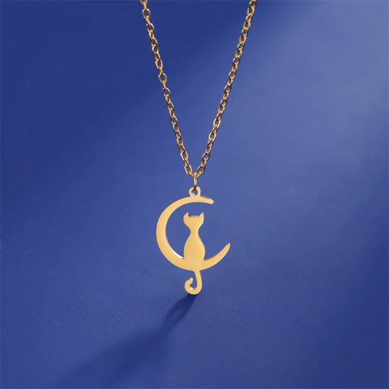 Charme Katze Anhänger Halsketten für Frauen Mädchen Schlüsselbein Mond Kette Choker Halsketten Edelstahl Party Schmuck Geschenke Zubehör – Detail 15