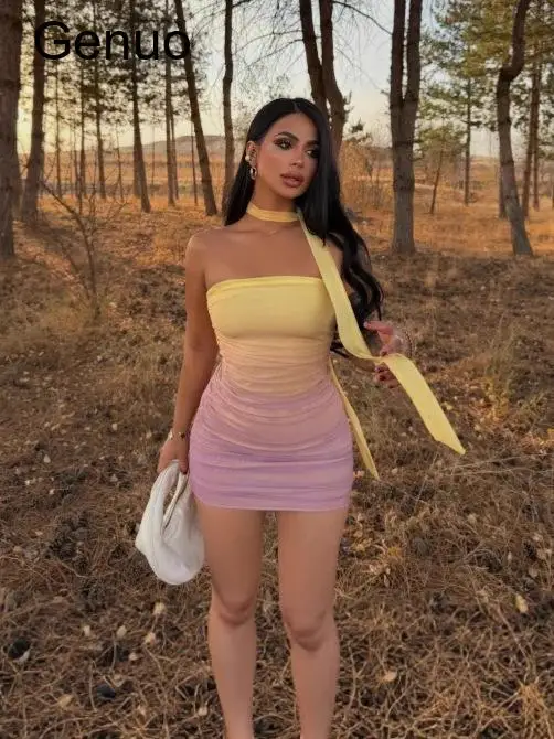 Trendy Gradient Two Tone Bodycon Mini Dress Women's Summer Sexy Color Block Backless Party Clubwear Vestido