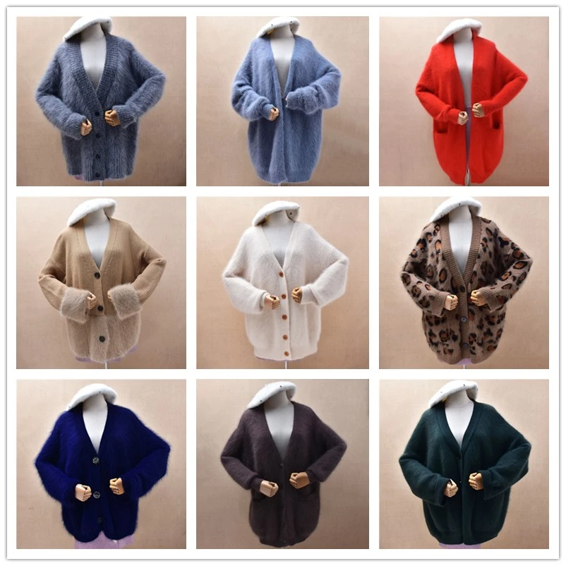 

Women Mujer Fall Winter Clothes Thick Warm Hairy Pure Mink Cashmere Knitted V-Neck Long Sleeves Loose Cardigans Sweater Jacket