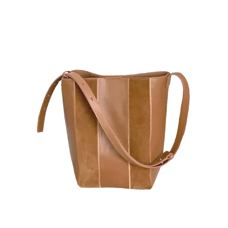 Niche Genuine Leather Single Shoulder Underarm Cowhide with Matte Leather Striped Retro Style Crossbody Bucket Bag Female