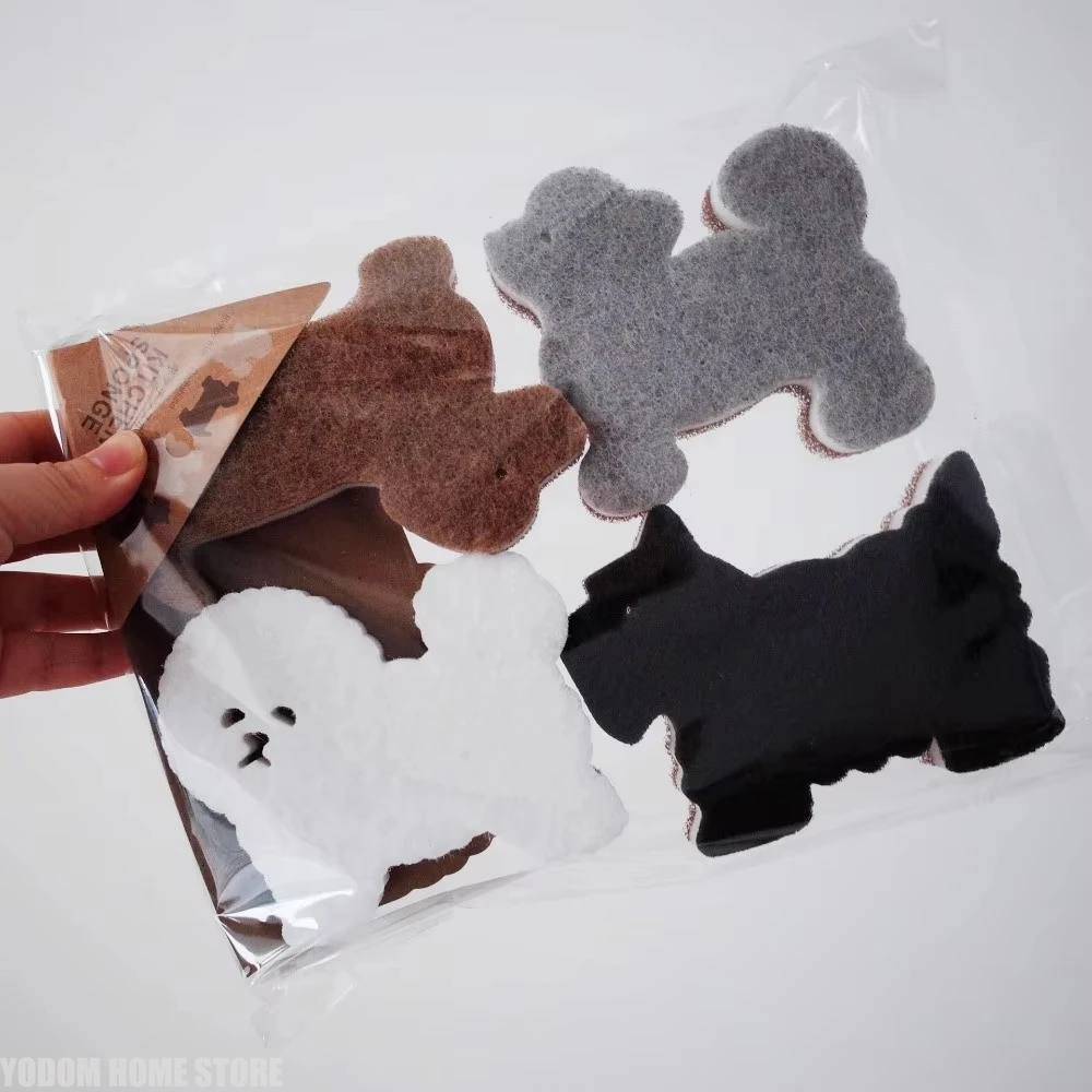 4pcs 3-Layer Dog Shape Sponge Scrubber Cartoon Non-Scratch Dual Sided Kitchen Brush Dishwash Efficient Cleaning Puppy Sponge Rub