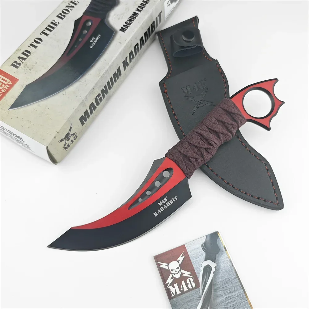 EDC M48 Outdoor Fixed Blade Knife, 8Cr13Mov Stainless Steel Blade, Red Nylon Wrapped Rope Handle, Portable Camping Utility Tool