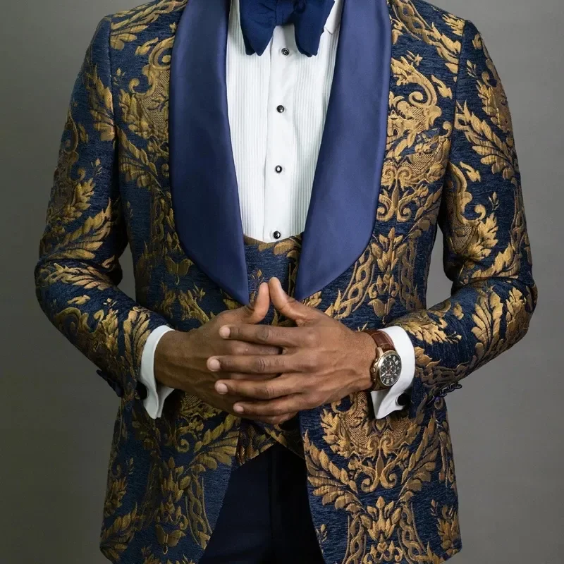 

2024 New Costume Navy Blue Floral Jacquard Prom Men Suits for Wedding Slim Fit Groom Tuxedo Male Blazer 3 Pcs Jacket Pants Vest