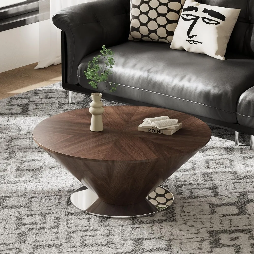

33.46" Round Coffee Table for Living Room, Mid Century Modern Wood Center Table with Stainless Steel Base, Easy Assemble