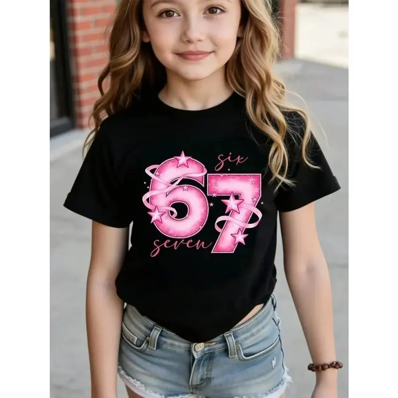Kids Girls Pink Star Ribbon Number 67 Graphic T-Shirt, Soft Cotton Crew Neck, Cute Birthday Wear for Little Girlsdf0043