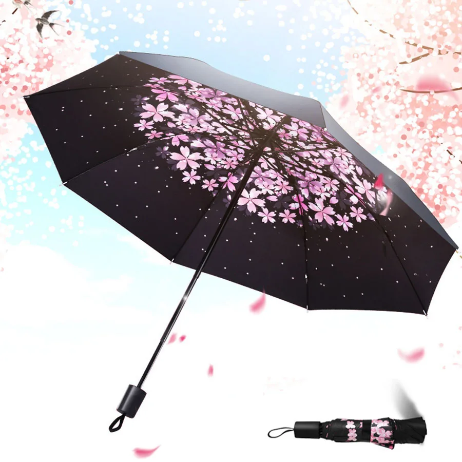 Foldable Inner Printed Small Black Umbrella, Sunny And Rainy Dual-use UV Protection Umbrella, Lightweight Sturdy Travel Manual U