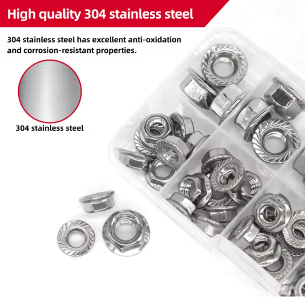 110pcs 304 Stainless Steel M3-M8 Hex Flange Nuts Assortment kit M3 M4 M5 M6 M8 Flange Nut Hex Hexagon Serrated Spinlock Lock