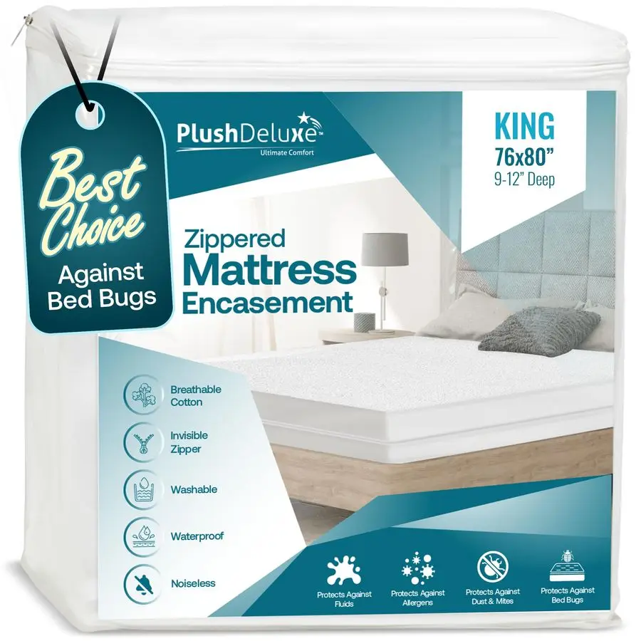 

King Size Premium Mattress Encasement Zippered Waterproof, Bedbug Proof Design, 6Sided Protection Hypoallergenic Cotton Terry Fa
