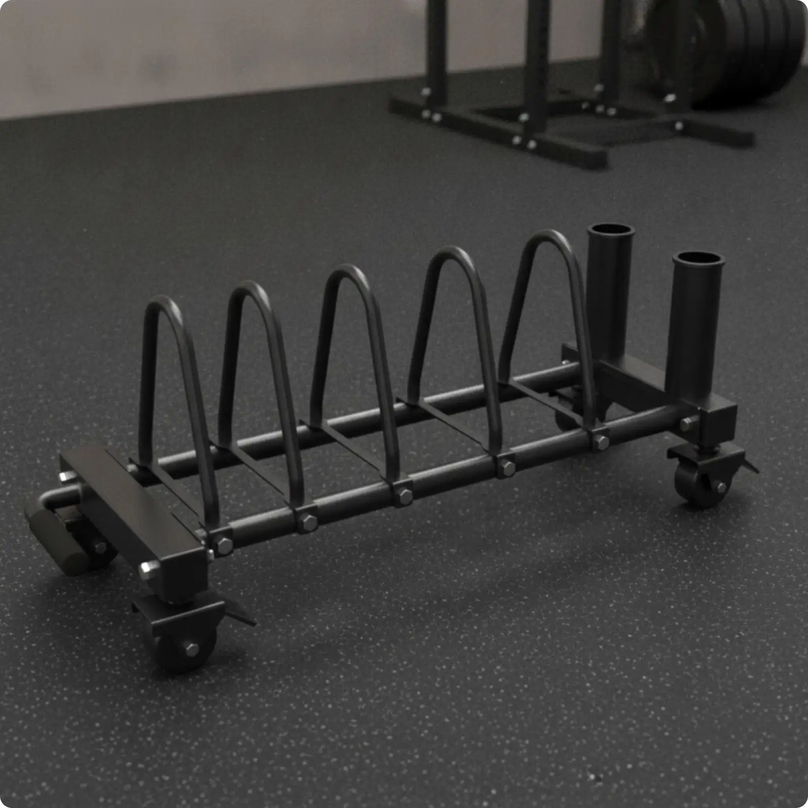 Picture 6: Weight plate storage trolley with wheels, tubular frame and barbell holder