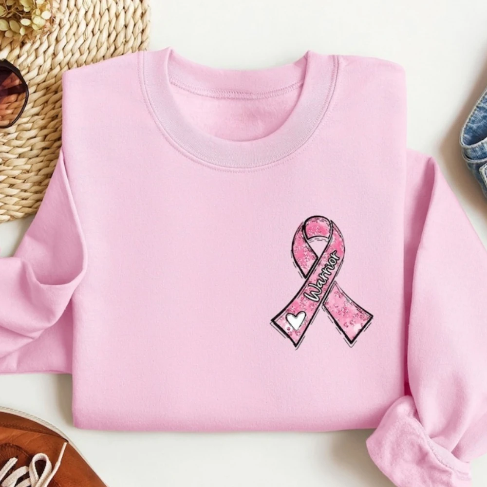 Sweat-shirt guerrier du Cancer du sein en octobre, nous portons un col rond rose, pull avec ruban rose, vêtements cadeaux pour femmes