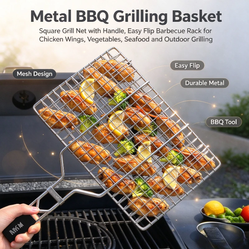 Portable Bbq Fish Grill Basket Made of 304 Stainless Steel Double Sided Mesh Grilling Net Barbecue Mesh Clamp Holder