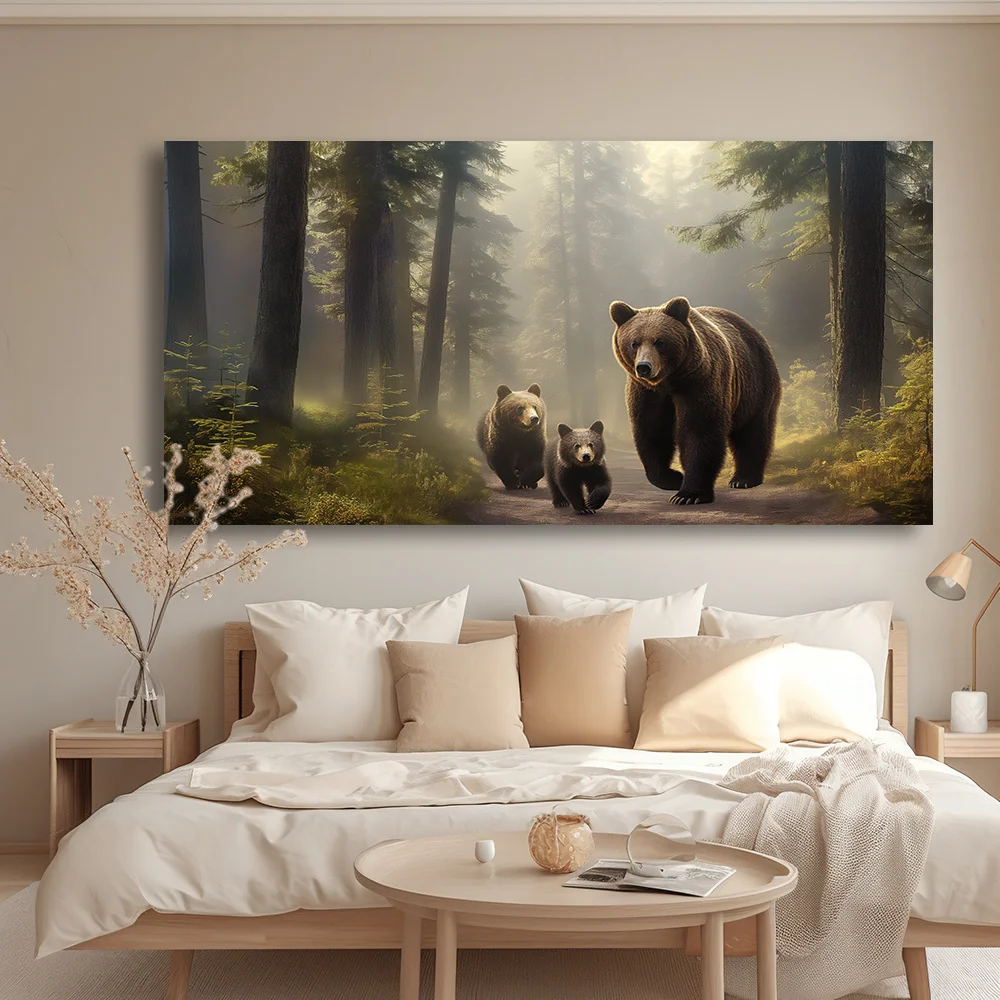 Large-sized frameless canvas paintings,Bear Family in Forest Poster Prints Black Bears Misty Forest Scene Canvas Painting Wall A