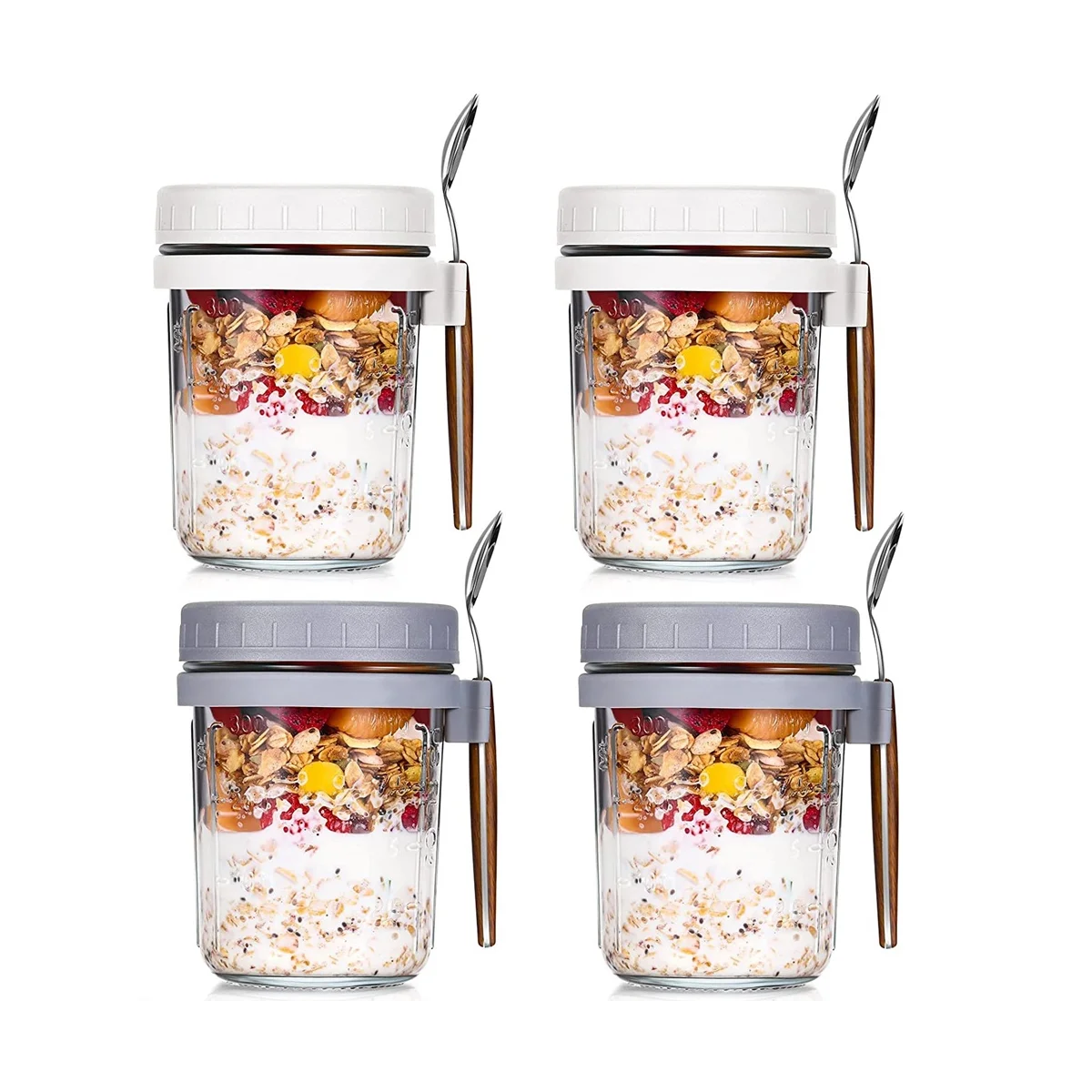 4PCS Overnight Oats Containers with Spoons Airtight Oatmeal Overnight Oat Jars with Measurement Marks