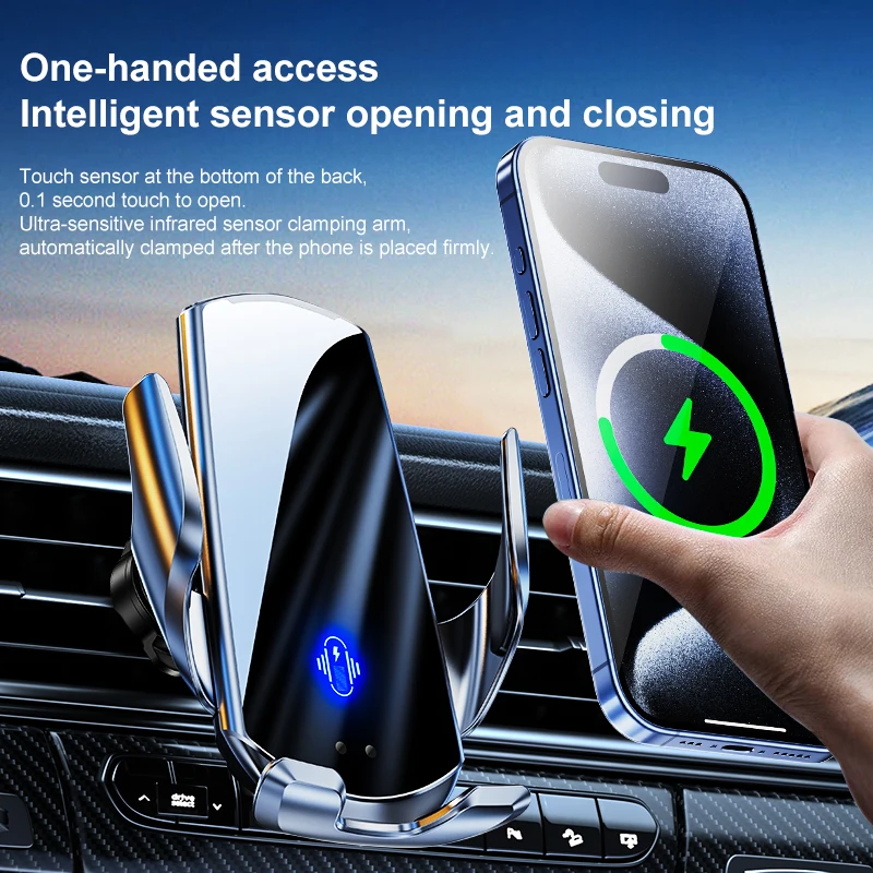 15W Auto-Sensing Wireless Charger - Fast Charging, LED Indicator, Universal Phone Compatibility, Secure Car Mount