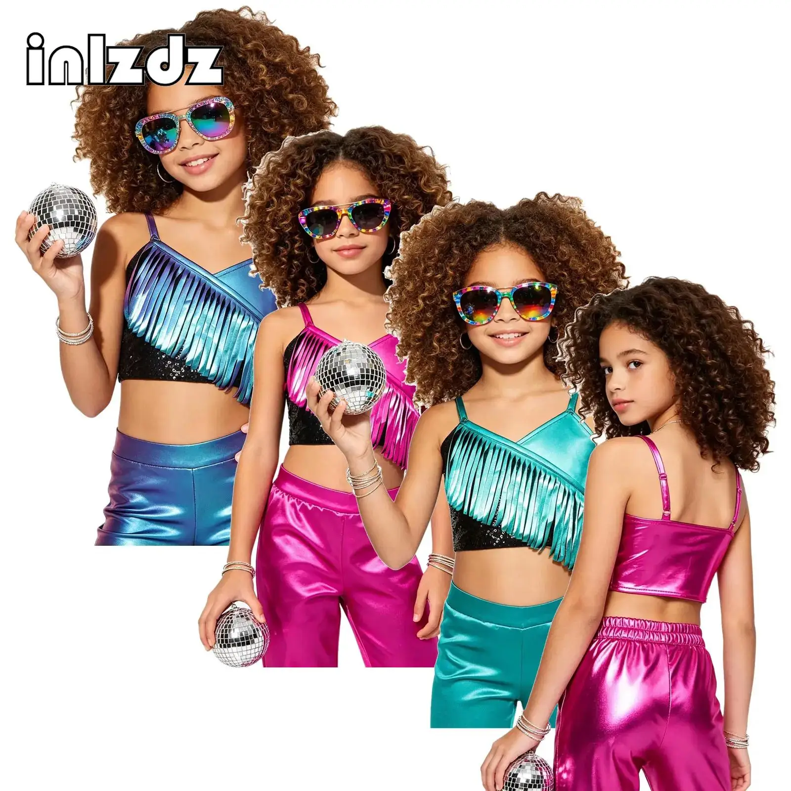 

Kids Girls Disco Dance Performance Competition Costume Salsa Latin Jazz Dance Crop Top Fringe Sleeveless Tassels Camisole Vest