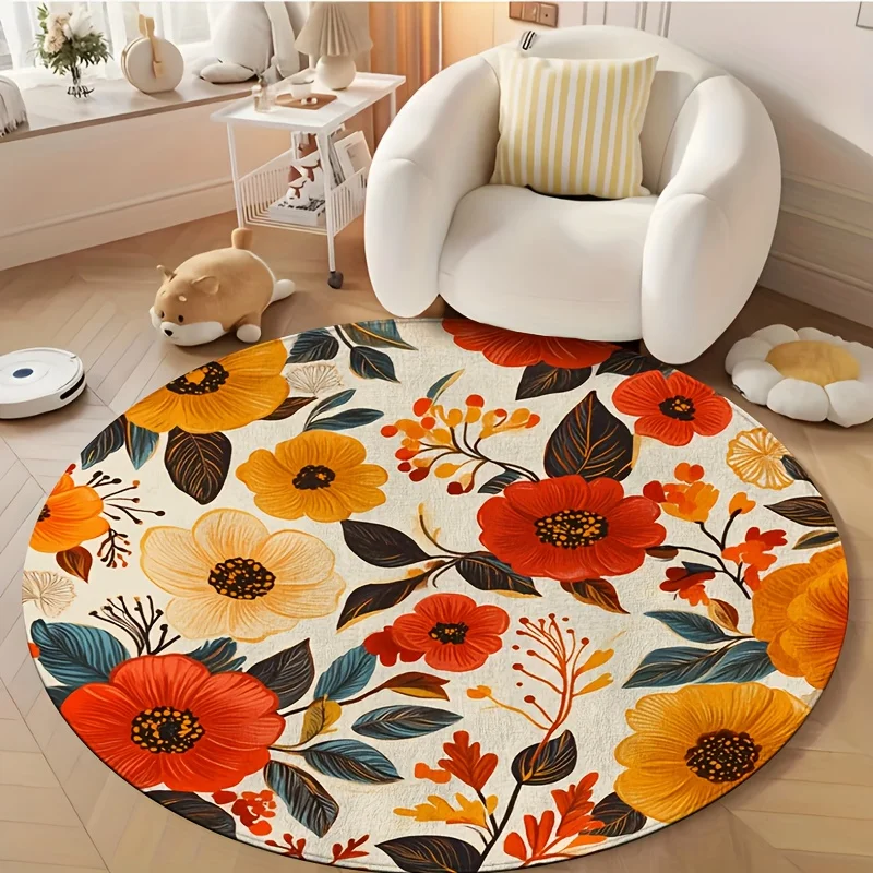 Retro Warm Tone Wild Flower Circular Area Rug  Colorful Autumn Plant Print Anti Slip Round Doormat Farmhouse Indoor Chair Mat