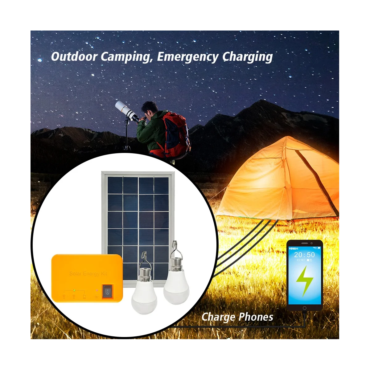 Camping Solar Panel Light 2 Bulb Set Solar Charger Energy Saving Solar Light Outdoor Indoor Rechargeable LED Light(A)