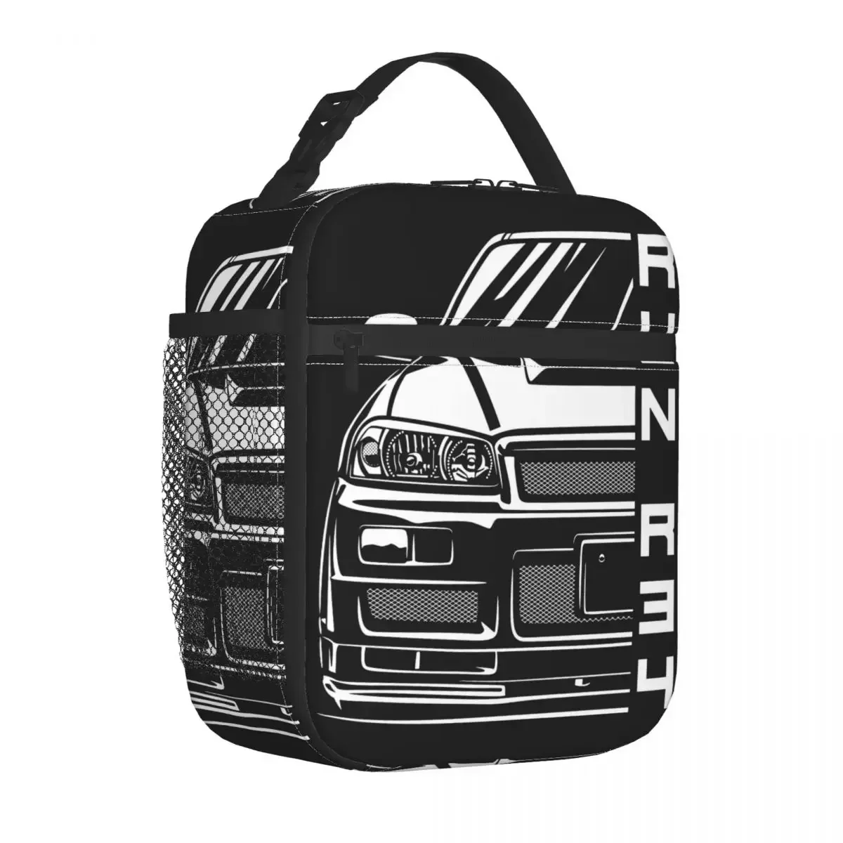 GTR R34 Skyline Escola Lunch Container, carro Merch, isolado, portátil, design exclusivo, caixa refrigeradora