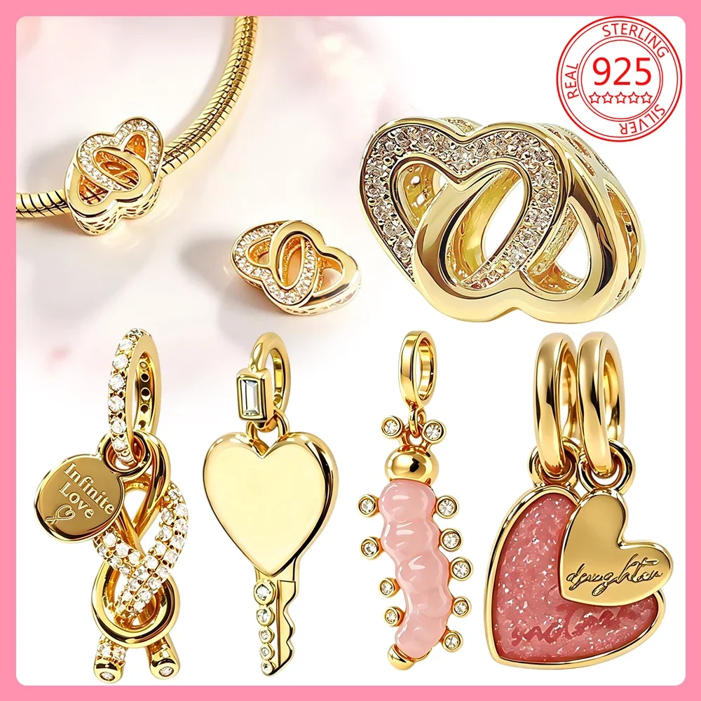 Breloques Originales Cœur Clé Amour Infini en Jade Rose, Perle en Argent Sterling 925, Compatible Bracelets, Sacs, Porte-clés, DIY, Cadeau Femme