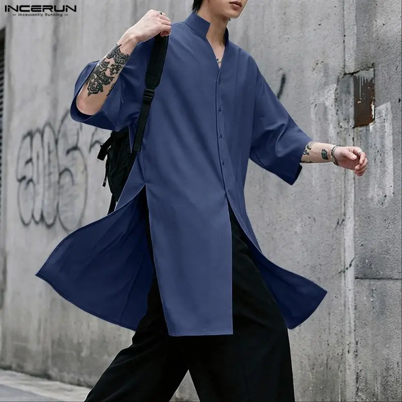 INCERUN Men Long Style Shirt Solid Color Stand Collar Half Sleeve Men Clothing Streetwear Oversize Split Side 2026 Casual Tops
