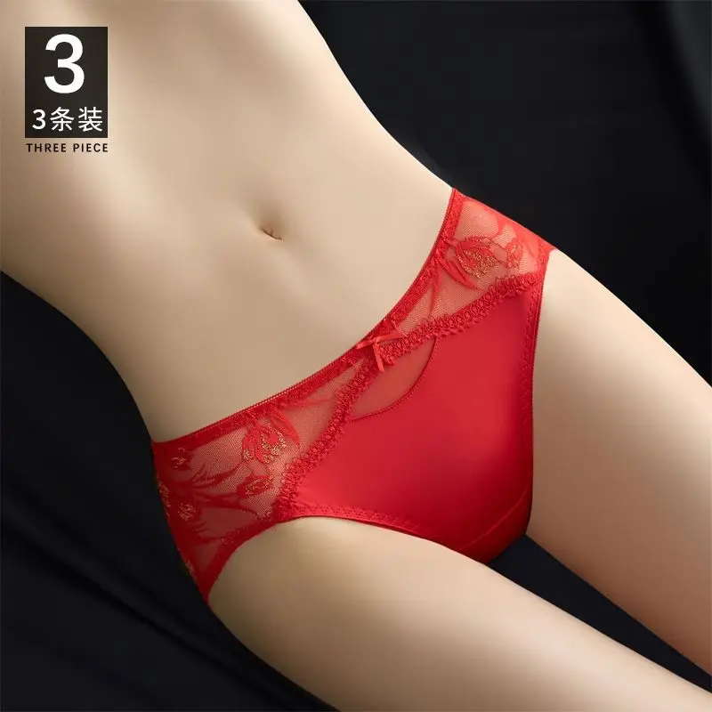 Red Sexy Pants Lace Briefs Cotton Crotch Panties Anti-bacterial Underwear Women Shorts Mid Rise Hip Lift  Breathable  Lingerie