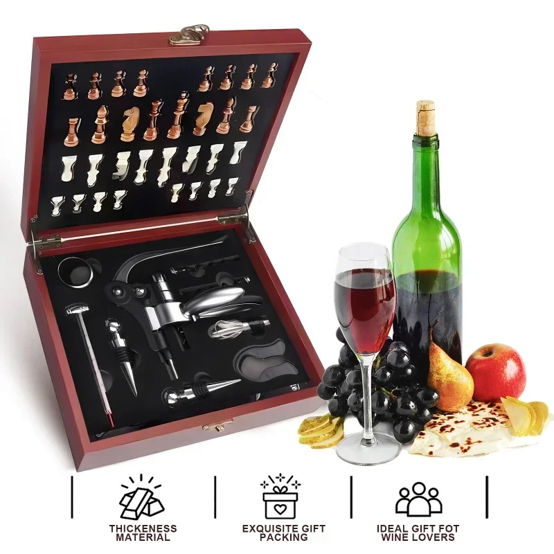 2 in 1 Wine Opener Set with Chess Set Wooden Gift Box Bar Tools Multi Functional Set for Wine Opening and Pressing Corkscrew Set
