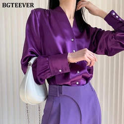 BGTEEVER Elegant V-neck Single-breasted Ladies Satin Blouse Summer Full Sleeve Loose Women Shirts Stylish Solid Ladies Tops