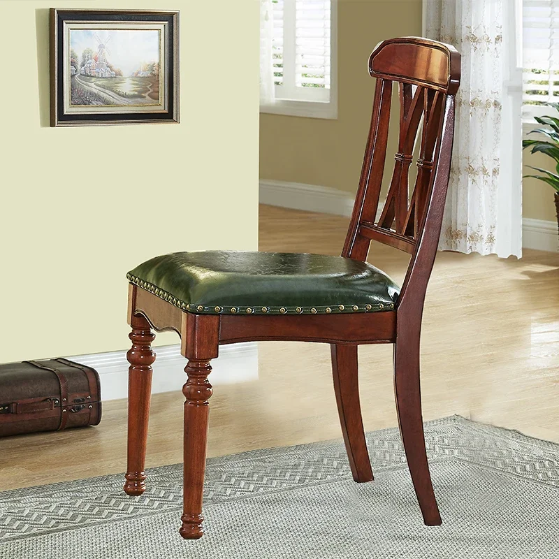 American all-solid wood desk and chair leather seat bag computer chair dining room backrest dining chair living room casual retr