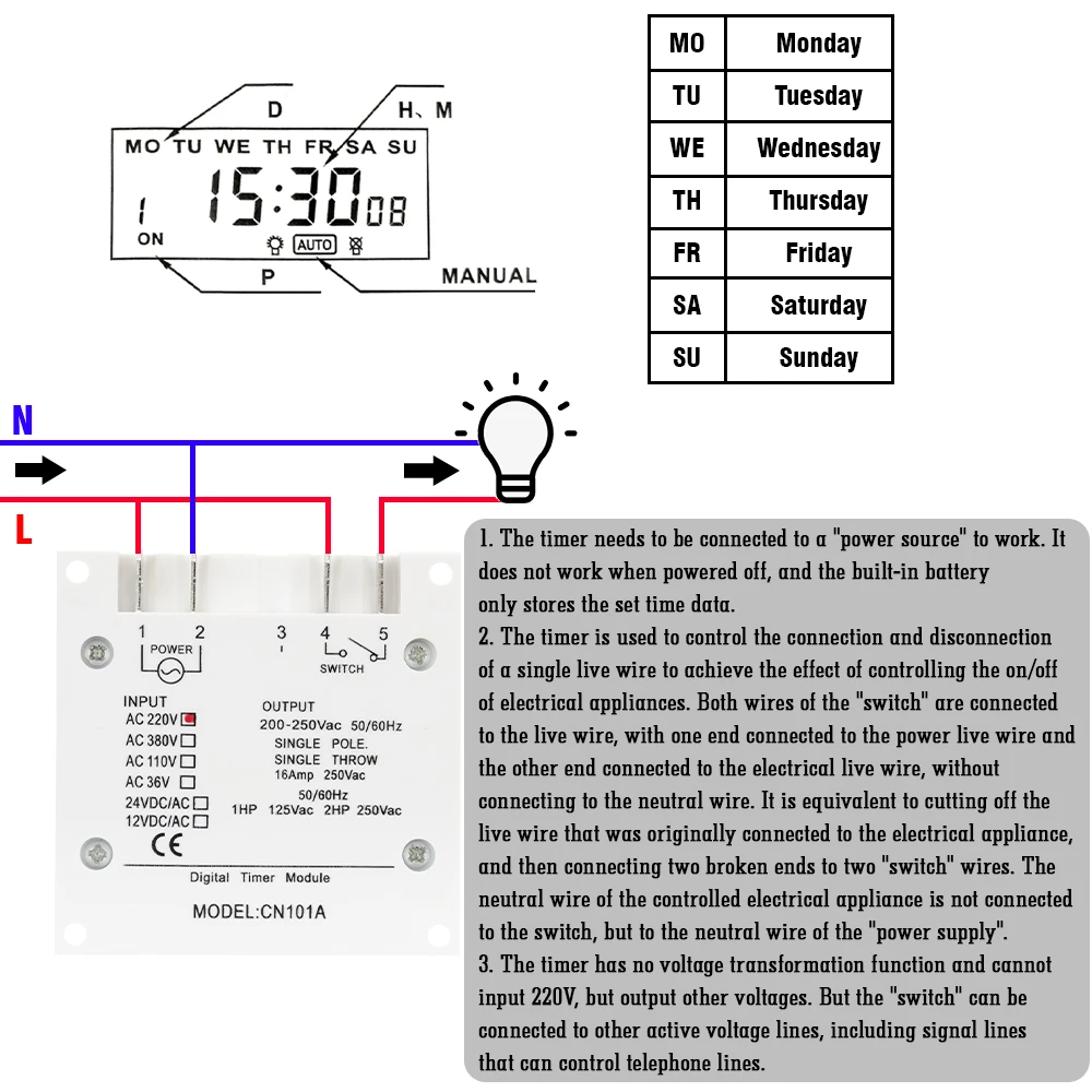 Timer AC 220V 110V DC 24V 12V Digital LCD Power Timer Programmable Time Switch Relay 17 Groups of Timing Controls 16A CN101A