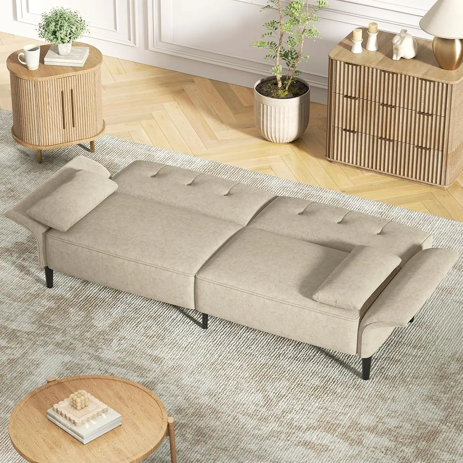 

89” Futon Sofa Bed, Velvet Fabric Comfy Futon Couch Bed with 2 Square Pillows, Sleeper Sofa with Adjustable Backrest