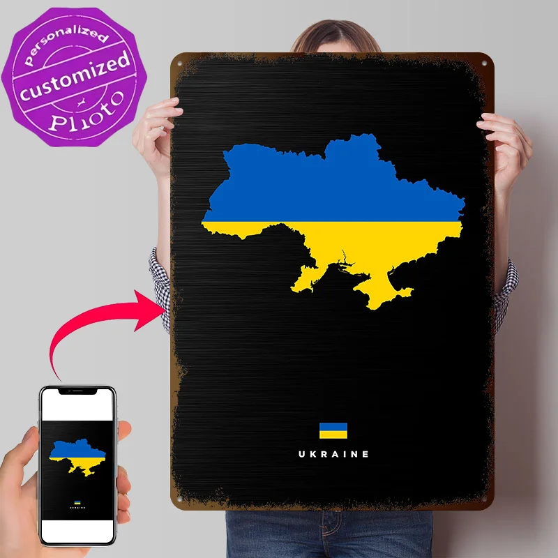 Ukraine Map With Flag Metal Poster Perfect Gift for Fans Lovers Personalized Wall Art Metal Sign for Living Room Decorations