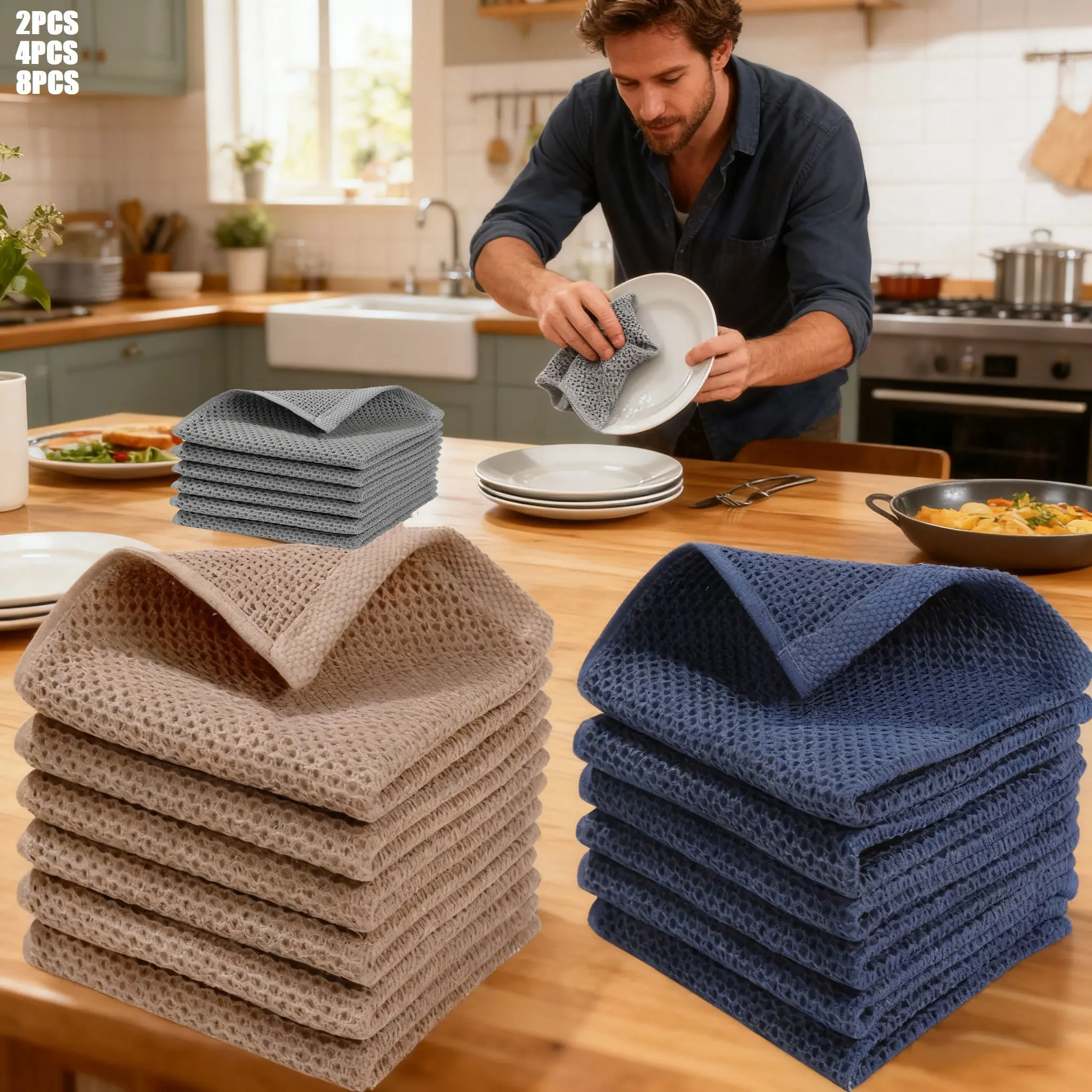 2/4/8PCS Cotton Square Towels - Handkerchiefs Tea Towels with Honeycomb Design High Absorbency Breathable Kitchen Towels