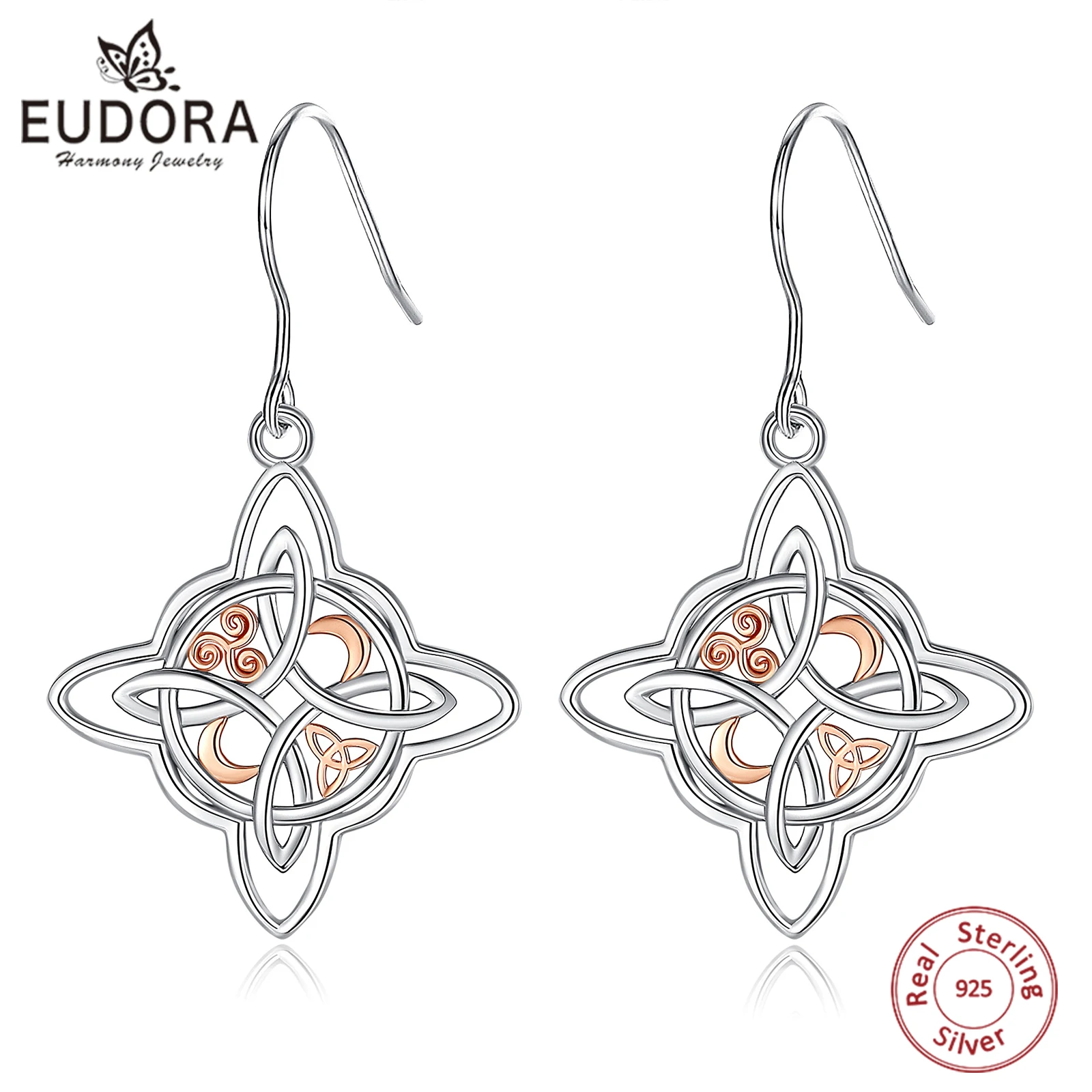 Eudora 925 Sterling Silver Witch Knot Earrings Witchcraft Irish Celtic Knot Drop Earring Wicca Charm Jewelry for Women Girl Gift