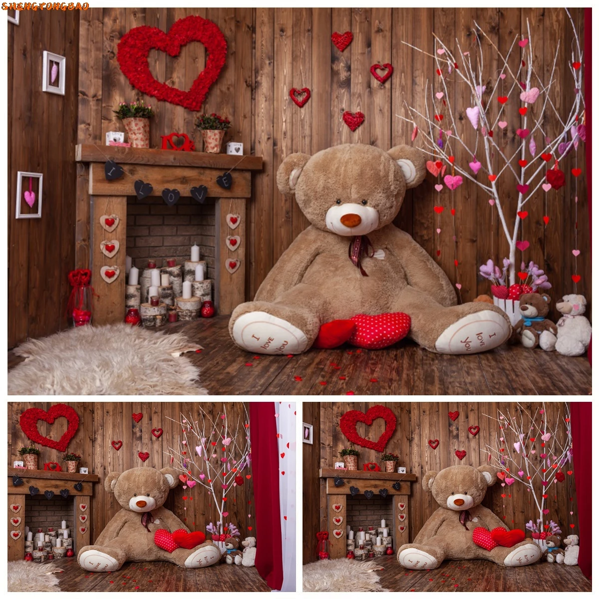 

Valentine's Day Photography Backdrop Cute Toy Bear Wooden Floor Love Heart Floral Kids Birthday Portrait Decor Photo Background