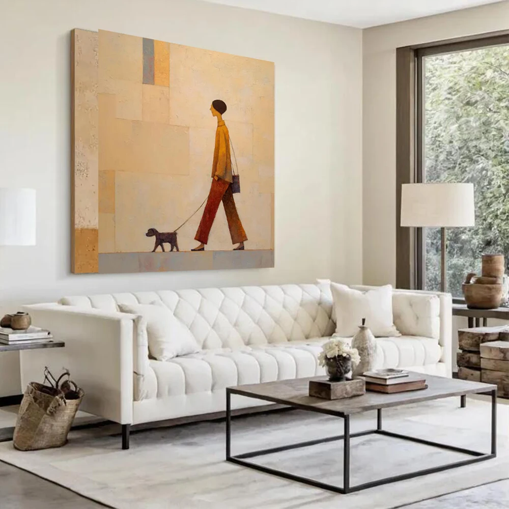 Modern Abstract Oil Painting 100% Handmade Figure Canvas Mural Walk The Dog Wall Art Picture For Living Room Home Decor Image