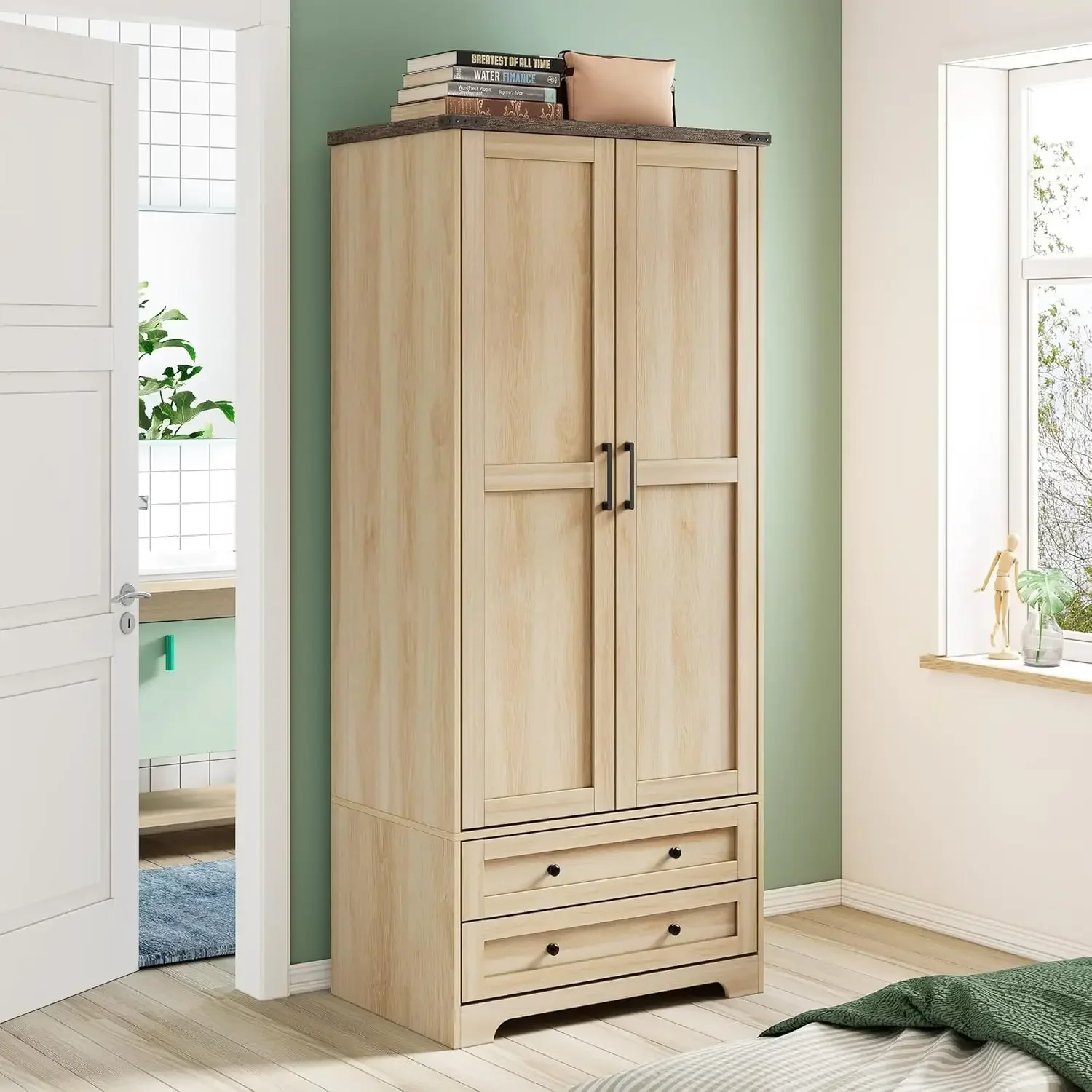 Wooden Armoire Wardrobe Closet Tall Clothes Storage Cabinet with Adjustable Shelf Hanging Rail Two Wide Drawers Freestanding Nat