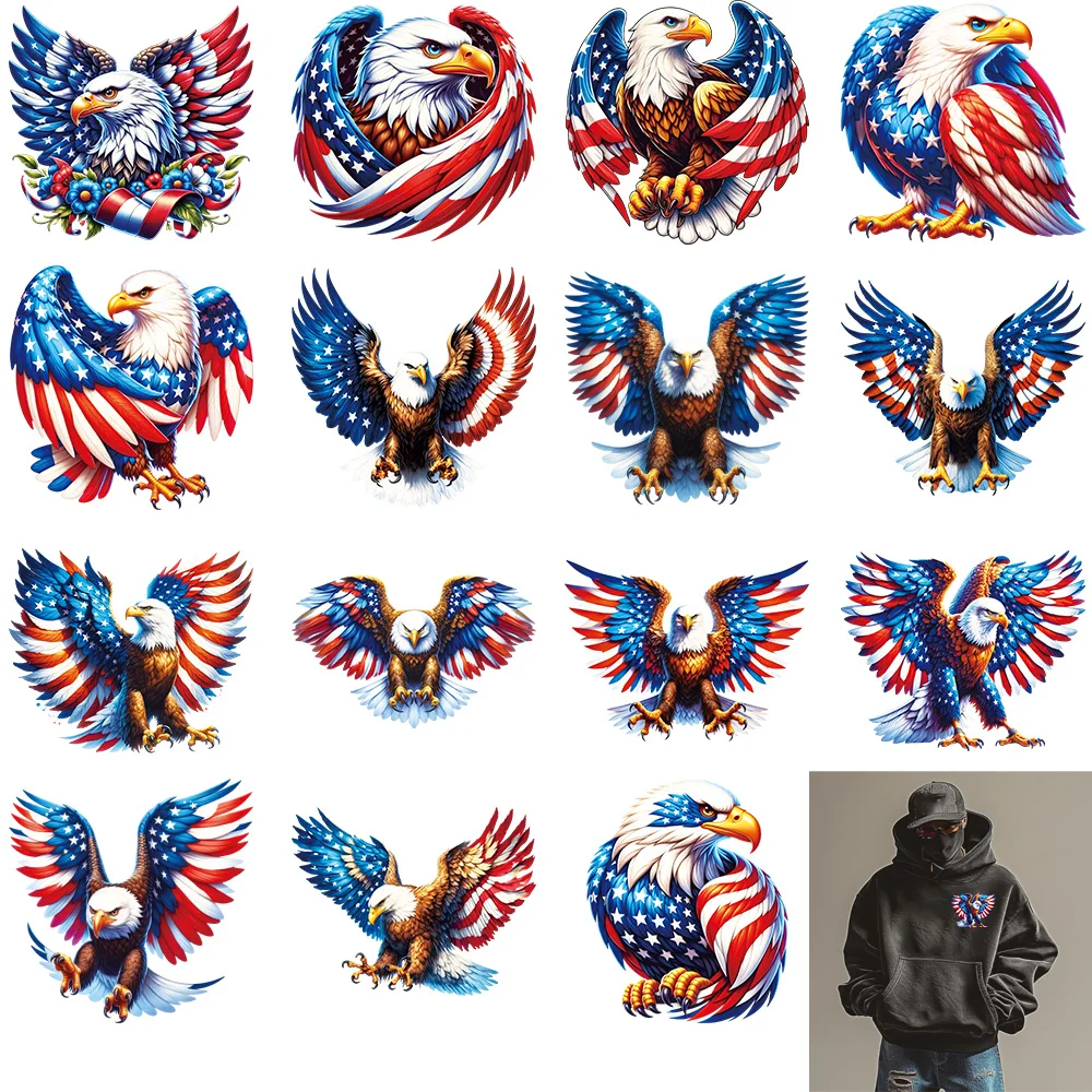 

15PCS American Flag Eagle Heat Transfer Stickers Iron-On DTF Patches for T-Shirt Hoodie DIY