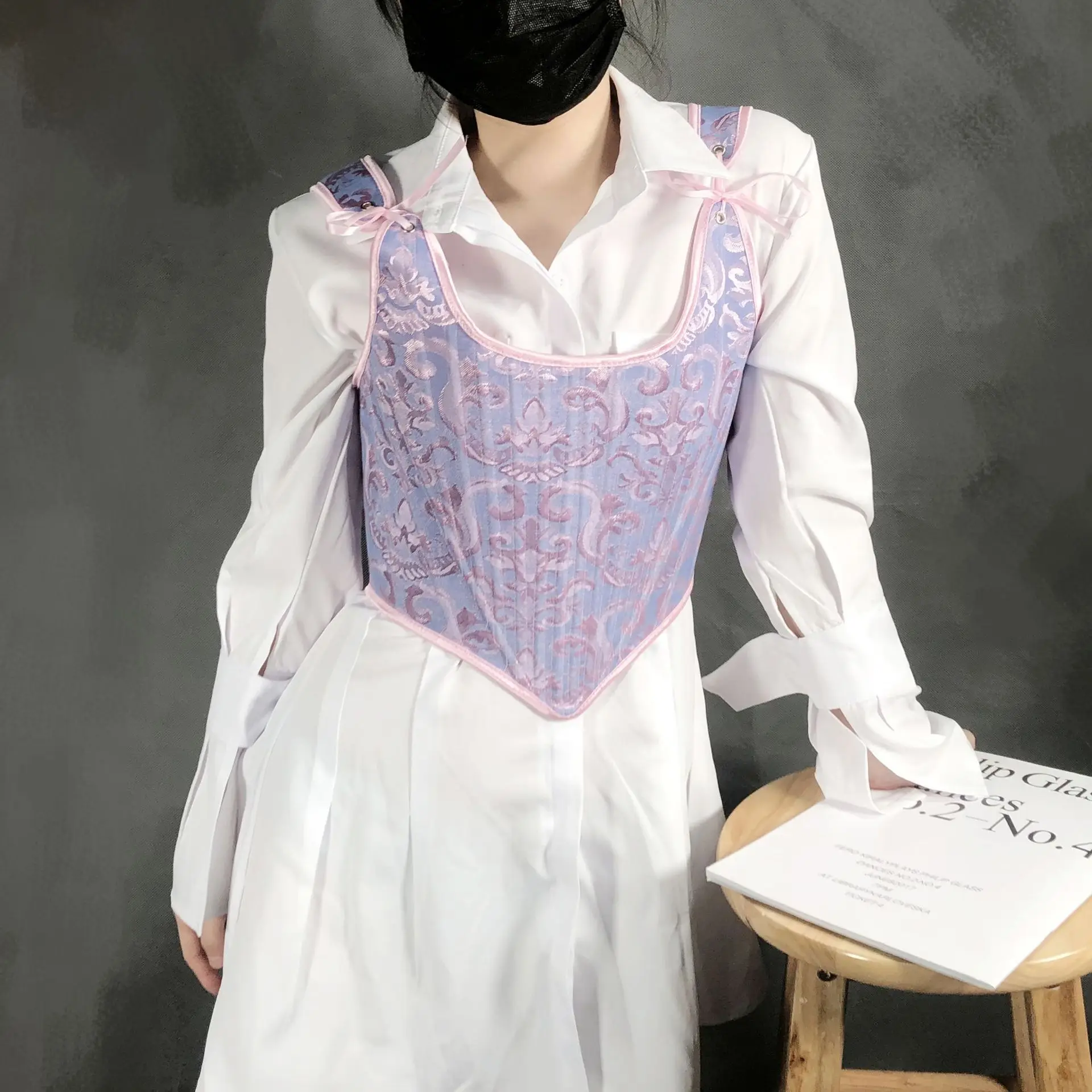 

Винтажный жаккардовый синий корсет, топ, сексуальный женский элегантный бюстье на шнуровке Victoria, тренажер для похудения, готический черный, красный жилет